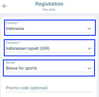 One-Click Registration in apk 1xBet